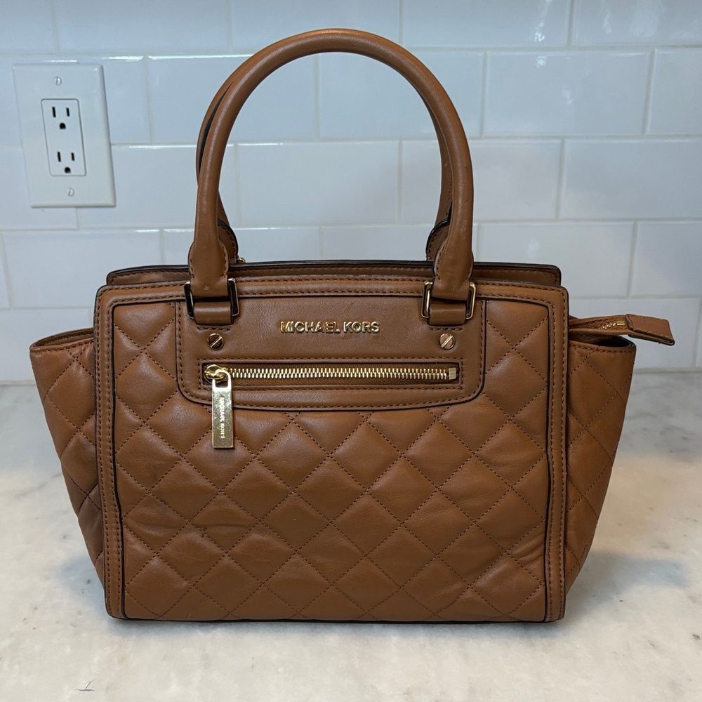 Michael Kors Quilted Satchel in Cognac Brown